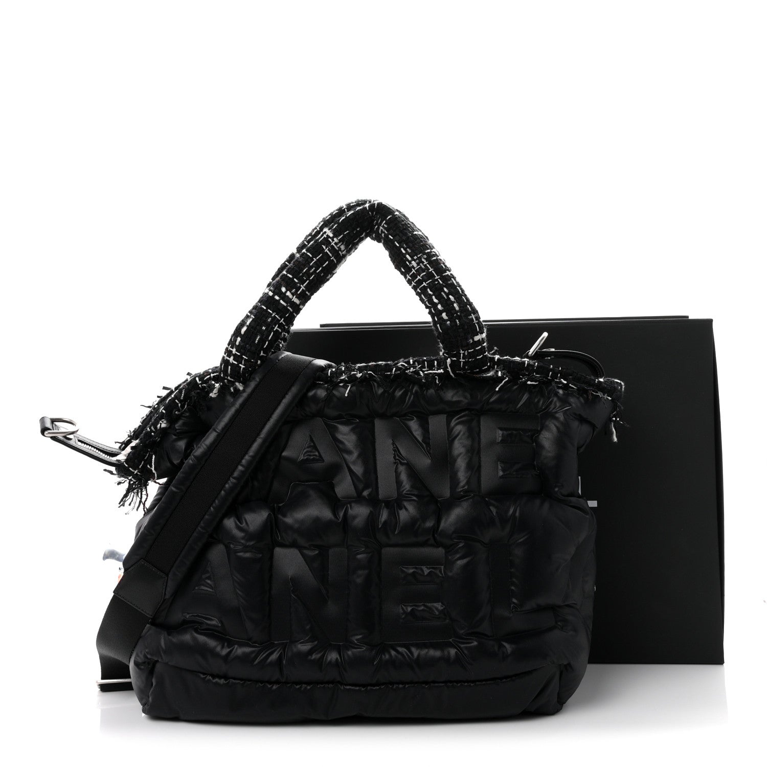 Chanel Tweed Nylon Embossed Large Doudoune Bowling Bag Black 11 of 11