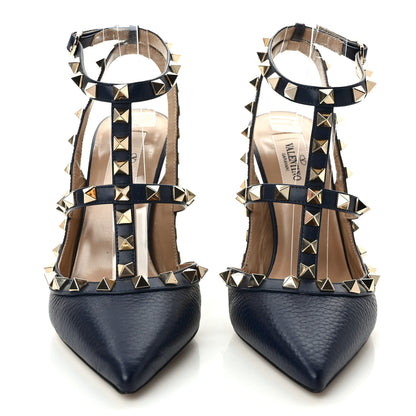 Valentino Garavani Pebbled Calfskin Rockstud Ankle Strap 100mm Pumps 36 Blue 2 of 7