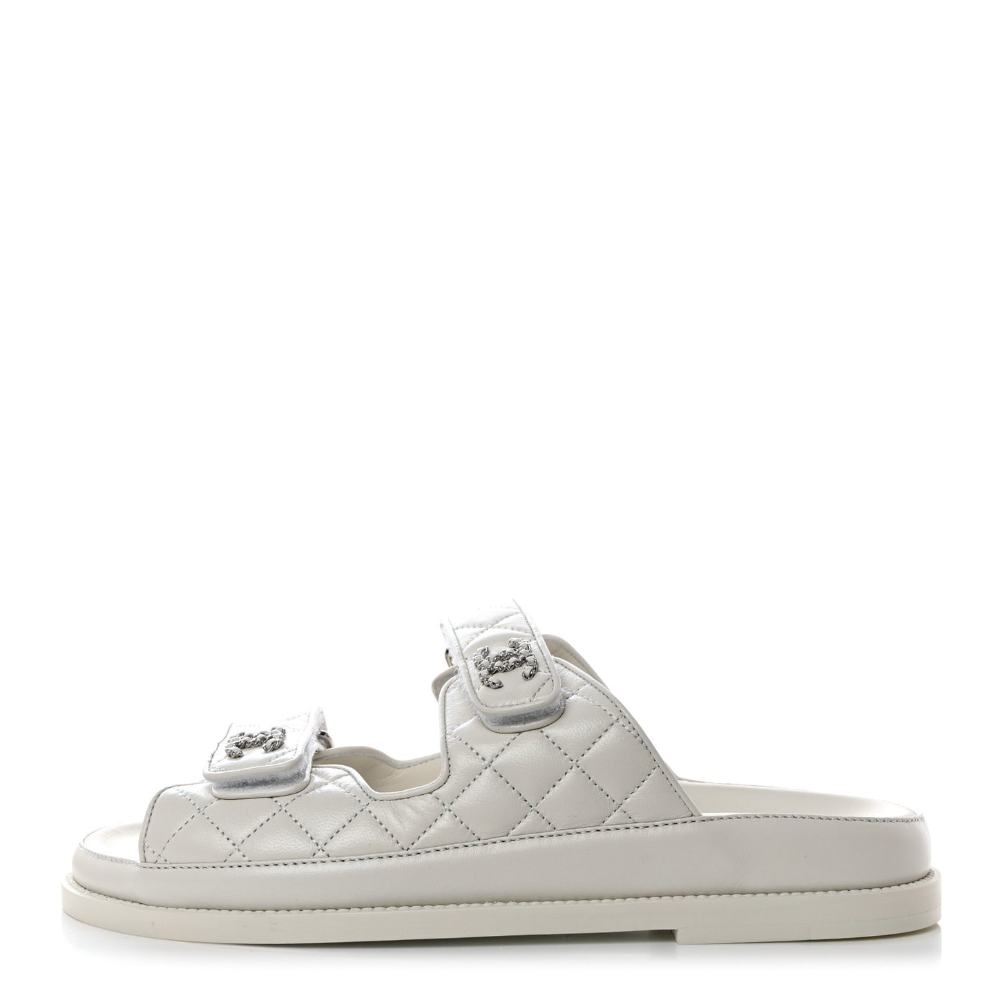 Lambskin Quilted Velcro Dad Chain CC Slide Sandals 39 White