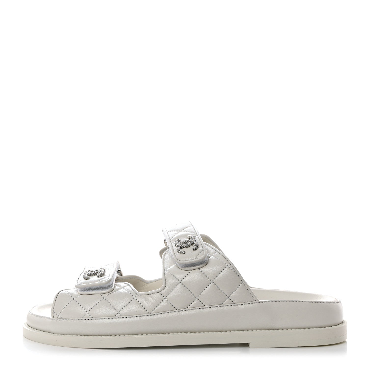 Chanel Lambskin Quilted Velcro Dad Chain CC Slide Sandals 39 White 1 of 9