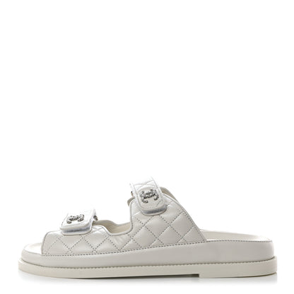 Chanel Lambskin Quilted Velcro Dad Chain CC Slide Sandals 39 White 1 of 9
