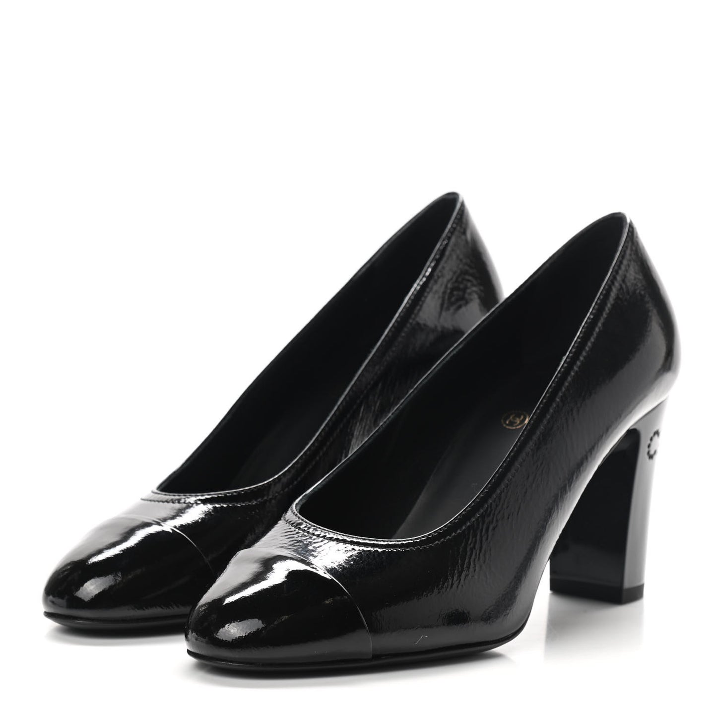 Patent Calfskin Crystal Cap Toe Logo Pumps 37 Black