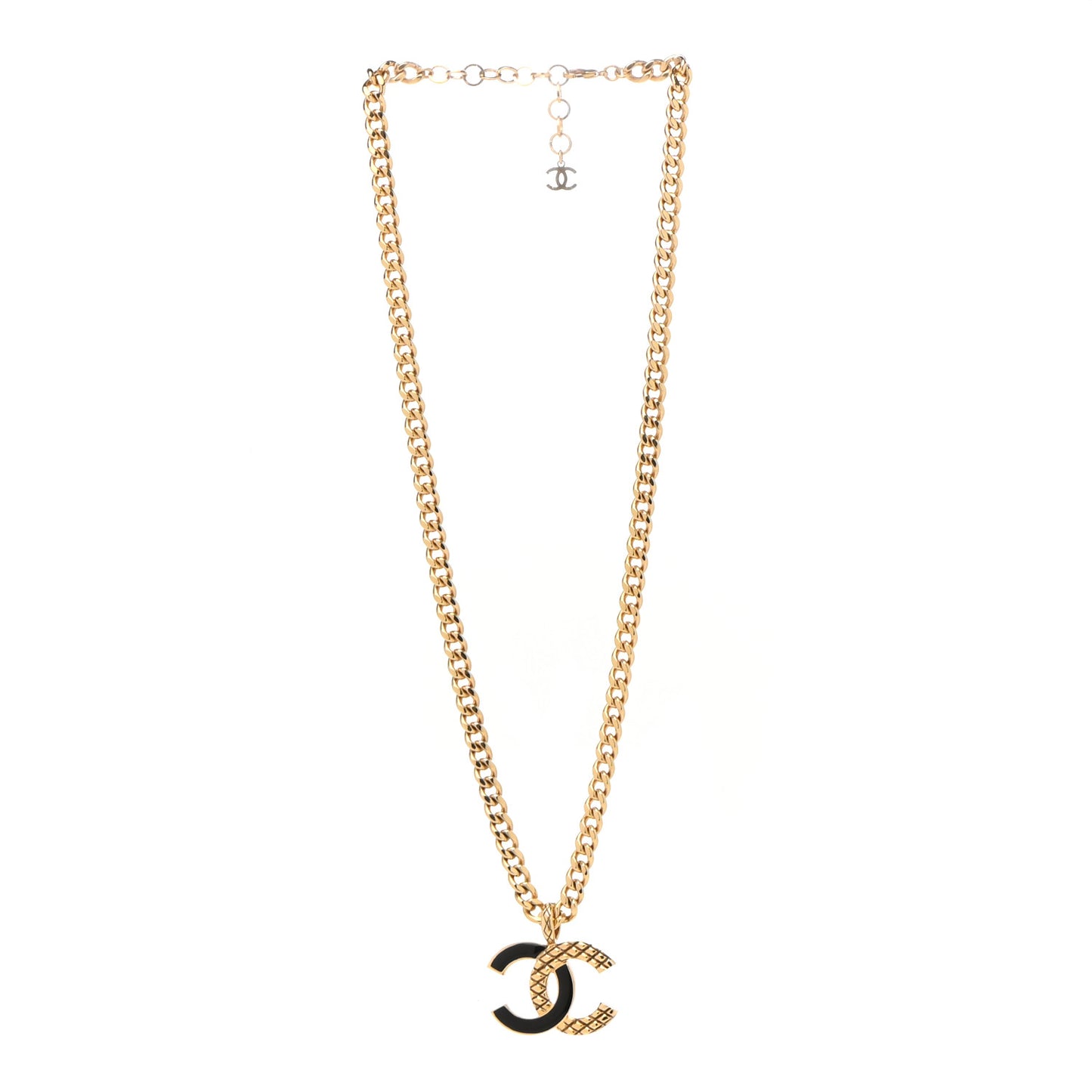Metal Enamel Quilted CC Chain Necklace Pendant Gold Black
