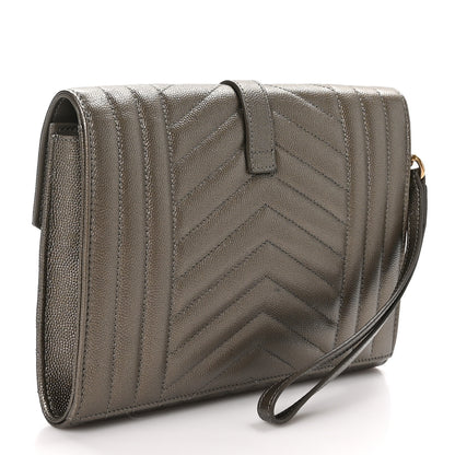 Saint Laurent Grain De Poudre Textured Mixed Matelasse Triquilt Monogram Clutch Piombo 3 of 10