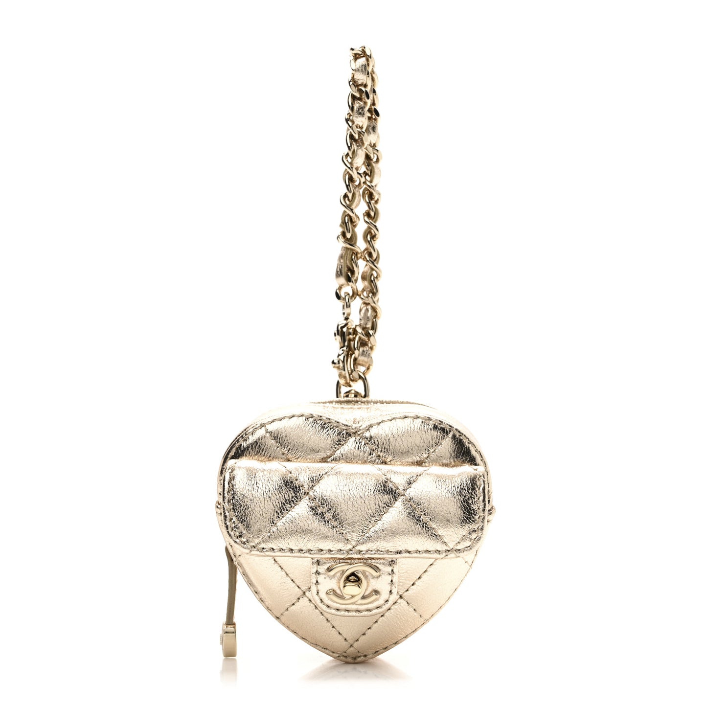 Metallic Lambskin Quilted CC Mini In Love Heart Bag Charm Gold