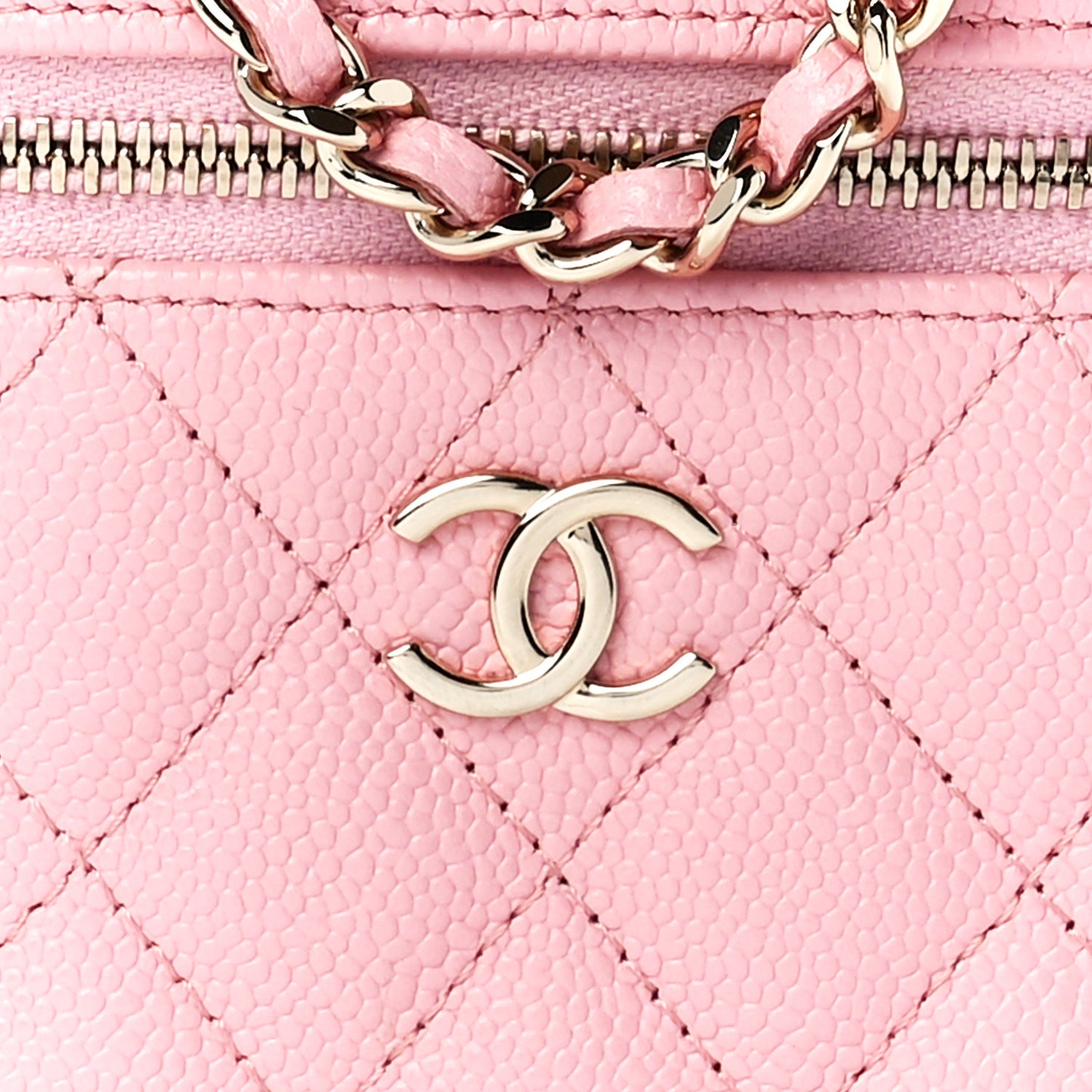 Caviar Quilted Small Handle With Care Vanity Case With Chain Pink