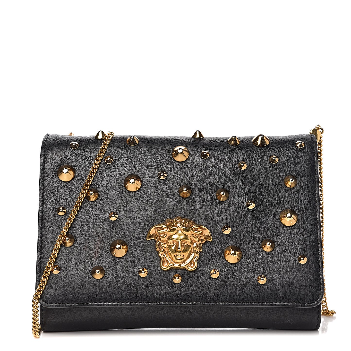Vitello Studded Palazzo Medusa Evening Clutch Bag Black