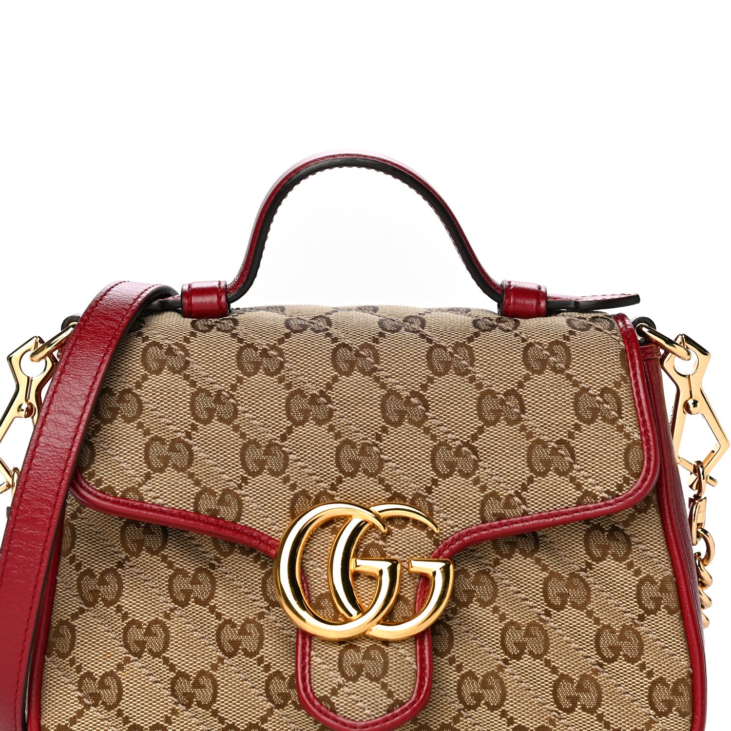 Gucci Monogram Glazed Calfskin Matelasse Diagonal Mini GG Marmont Top Handle Shoulder Bag Beige Ebony New Cherry Red 9 of 14