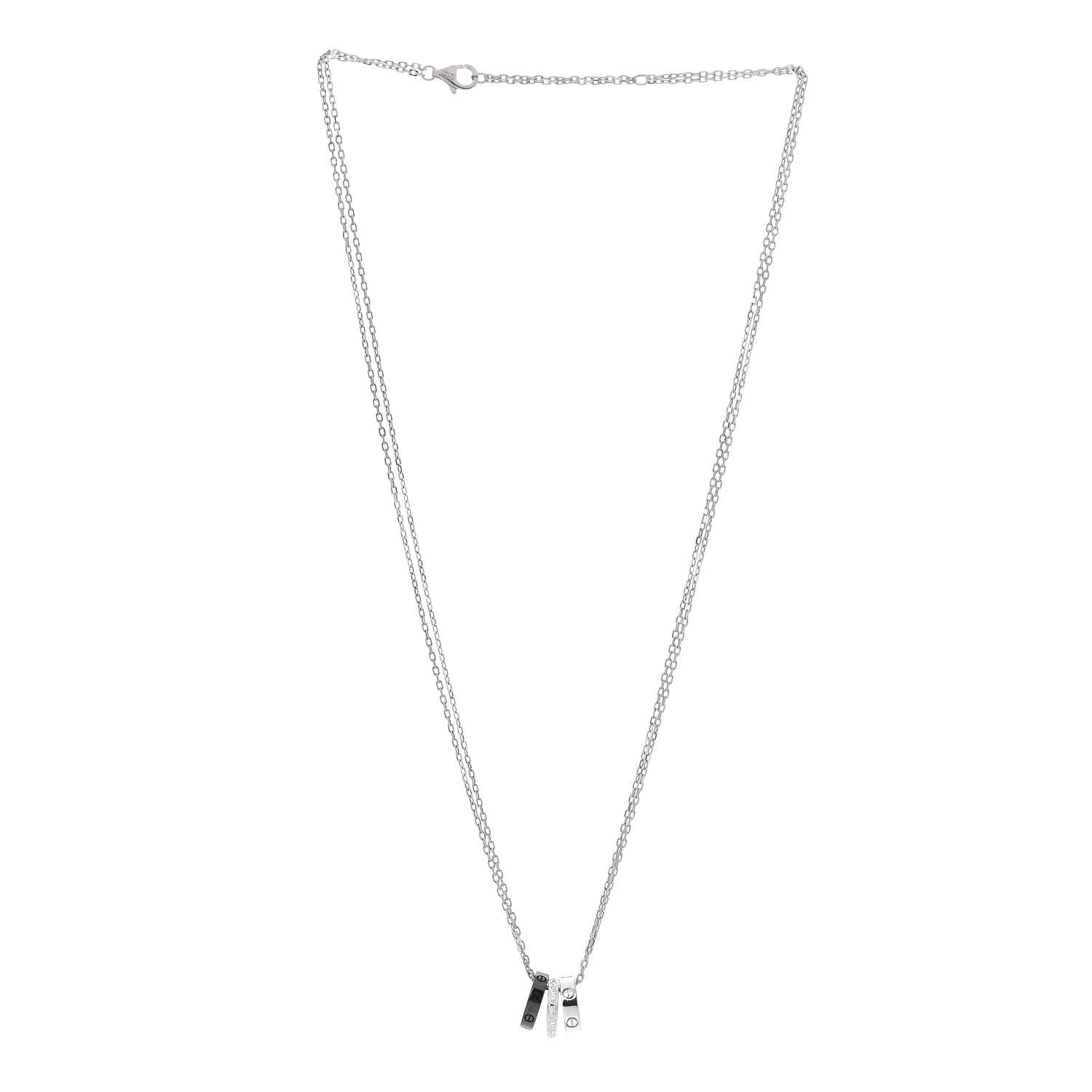 Cartier 18K White Gold Ceramic Diamond Three Ring LOVE Necklace 3 of 6