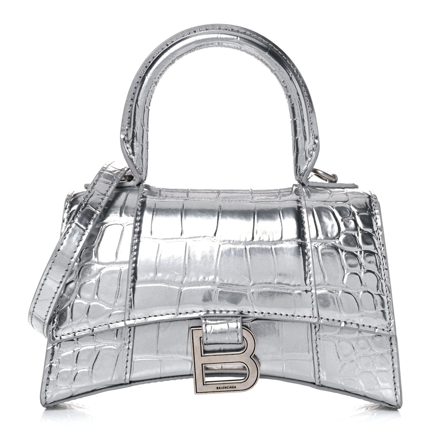 Metallic Calfskin Crocodile Embossed Hourglass Top Handle Bag XS Silver