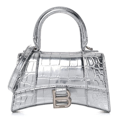 Balenciaga Metallic Calfskin Crocodile Embossed Hourglass Top Handle Bag XS Silver 1 of 15