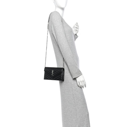 Saint Laurent Grain De Poudre Matelasse Chevron Monogram Envelope Chain Wallet Black 2 of 10