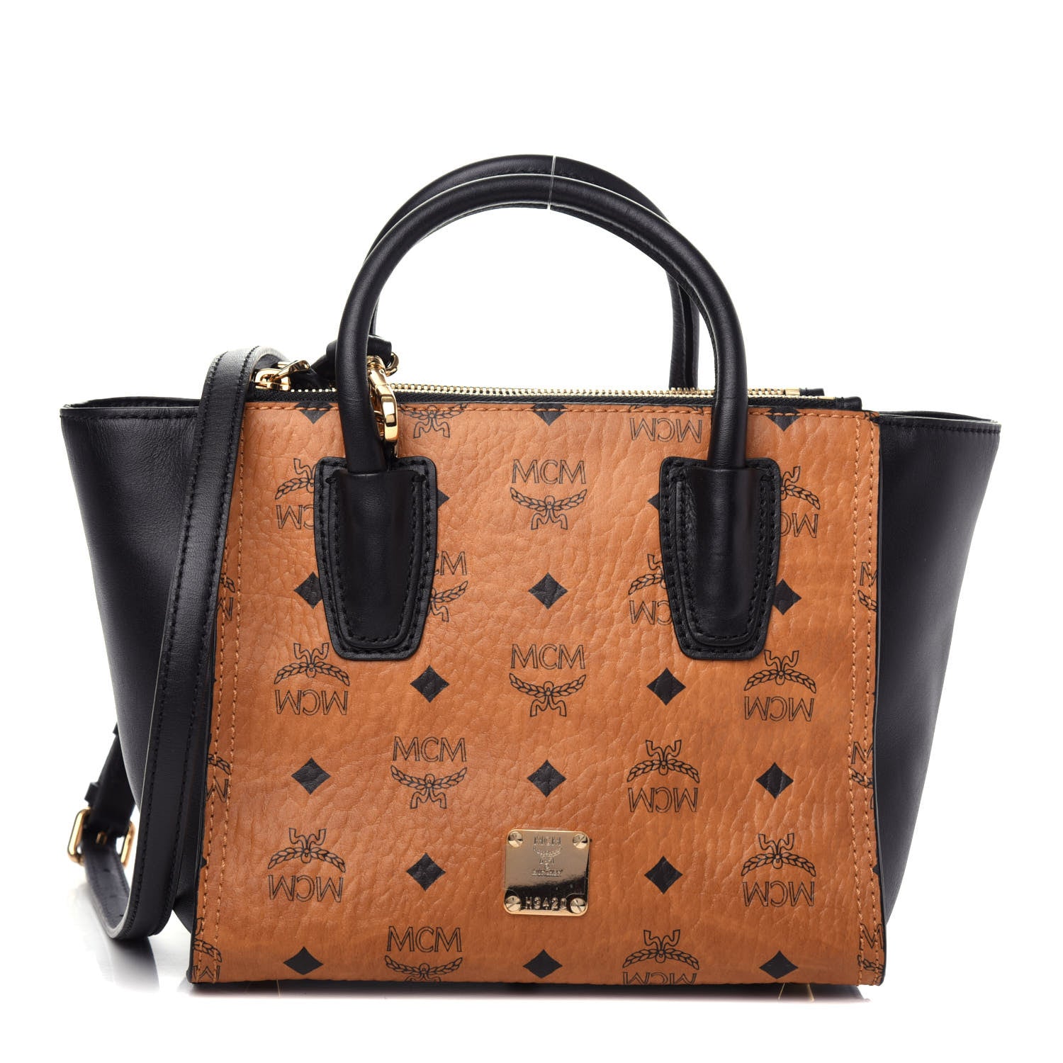 MCM Visetos Small Kathy Double Zip Tote Cognac Black 1 of 9