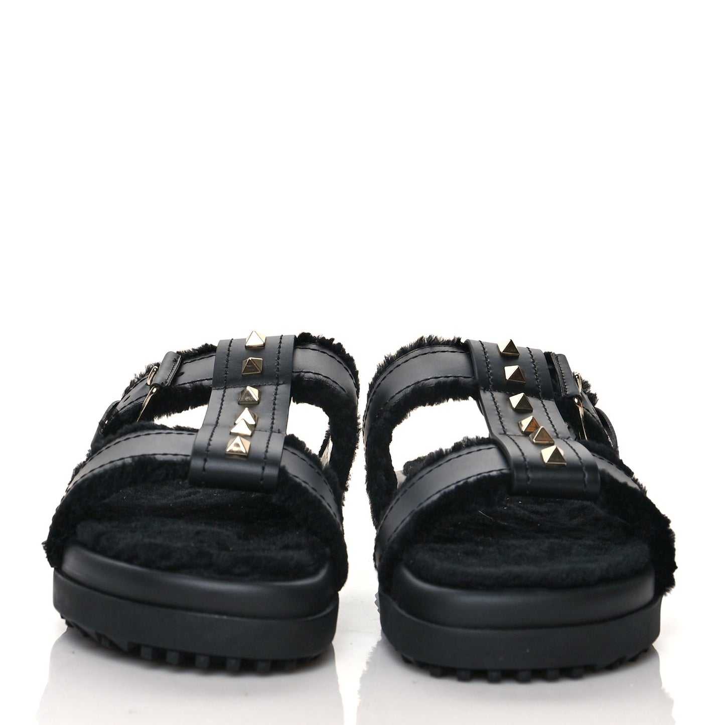 Shearling Rockstud Slide Sandals 37 Black