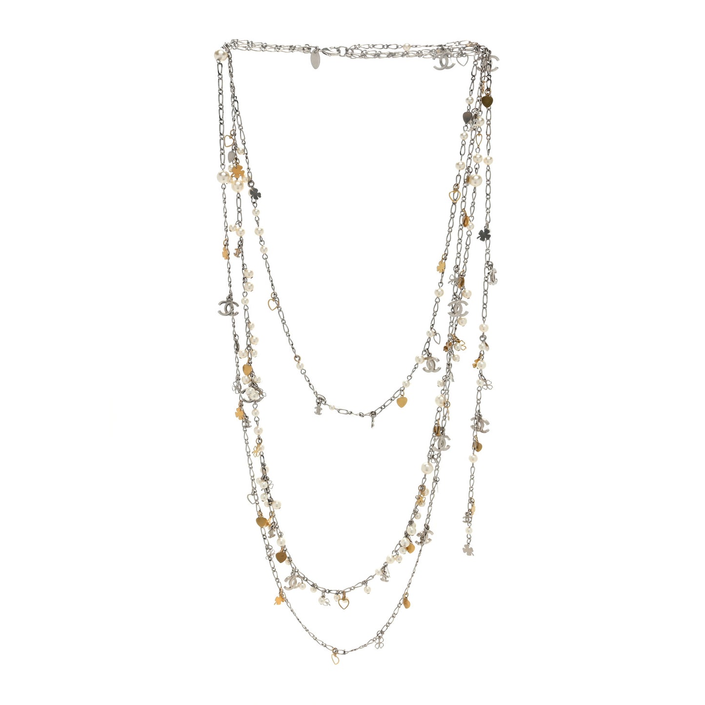 Pearl CC Lucky Charms Long Necklace Silver