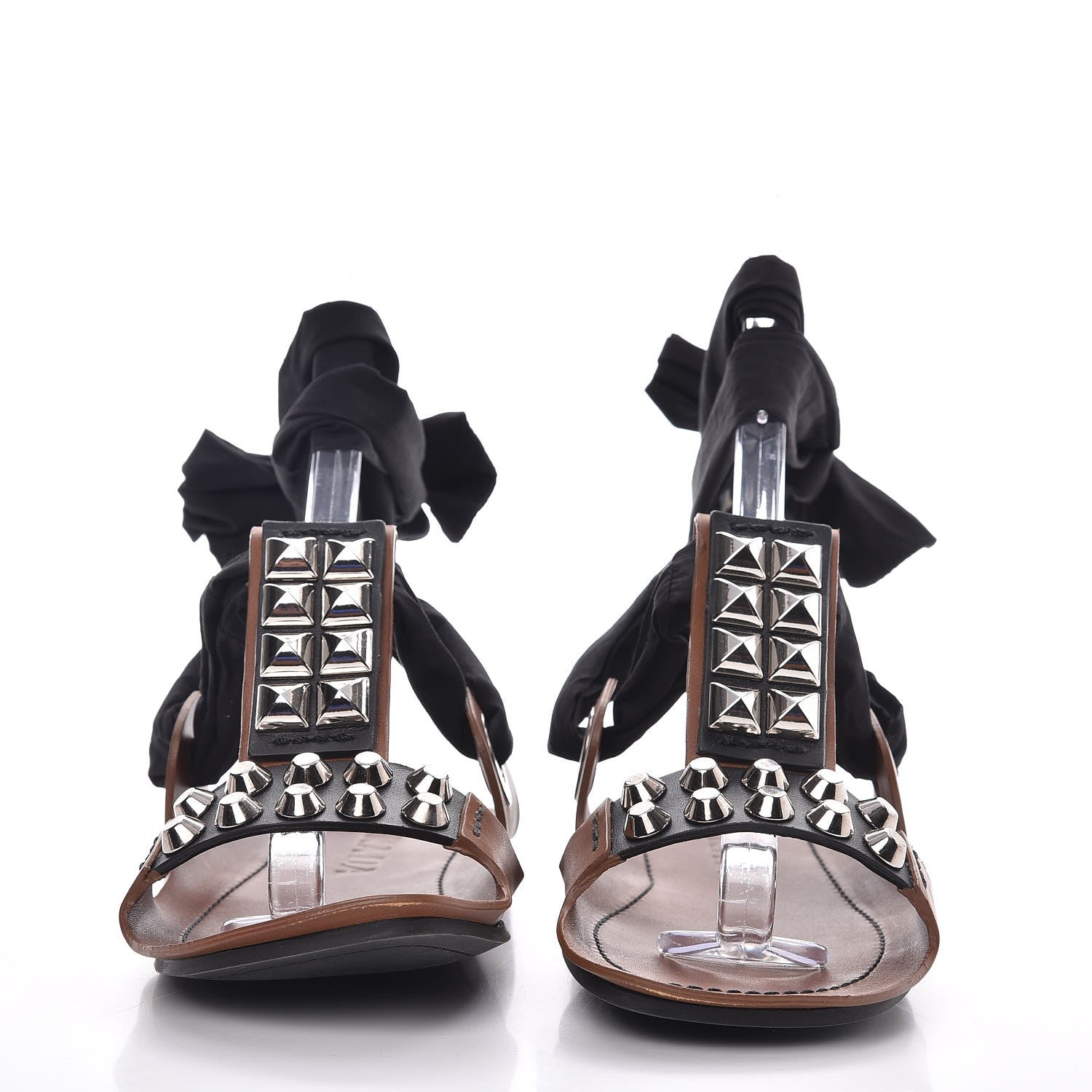 Prada Calfskin Studded Lace Up Sandals 37.5 Brown 2 of 12