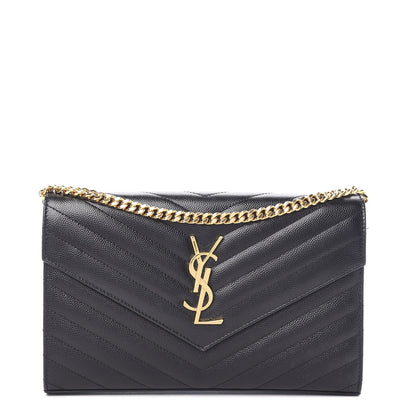 Saint Laurent Grain De Poudre Matelasse Chevron Monogram Chain Wallet Black 1 of 8