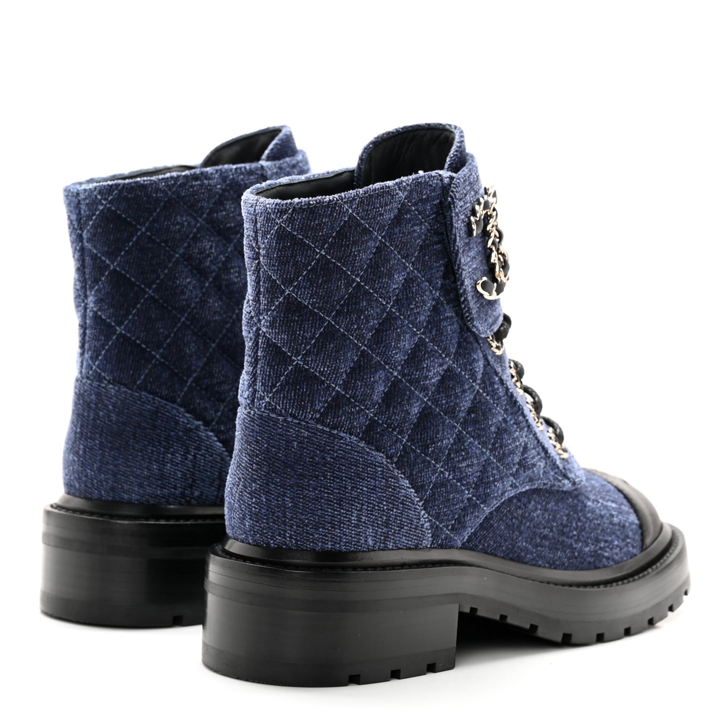 Denim Calfskin Quilted Lace Up Combat Boots 35.5 Blue