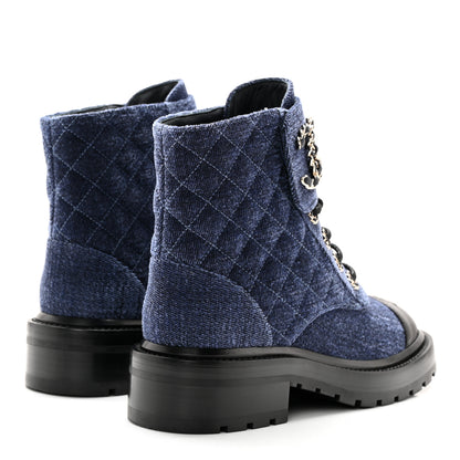 Chanel Denim Calfskin Quilted Lace Up Combat Boots 35.5 Blue 4 of 10