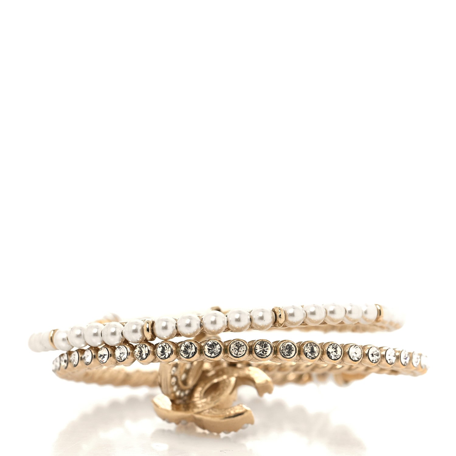 Chanel Crystal Pearl CC Drop Hoop Earrings Gold Pearly White 5 of 6