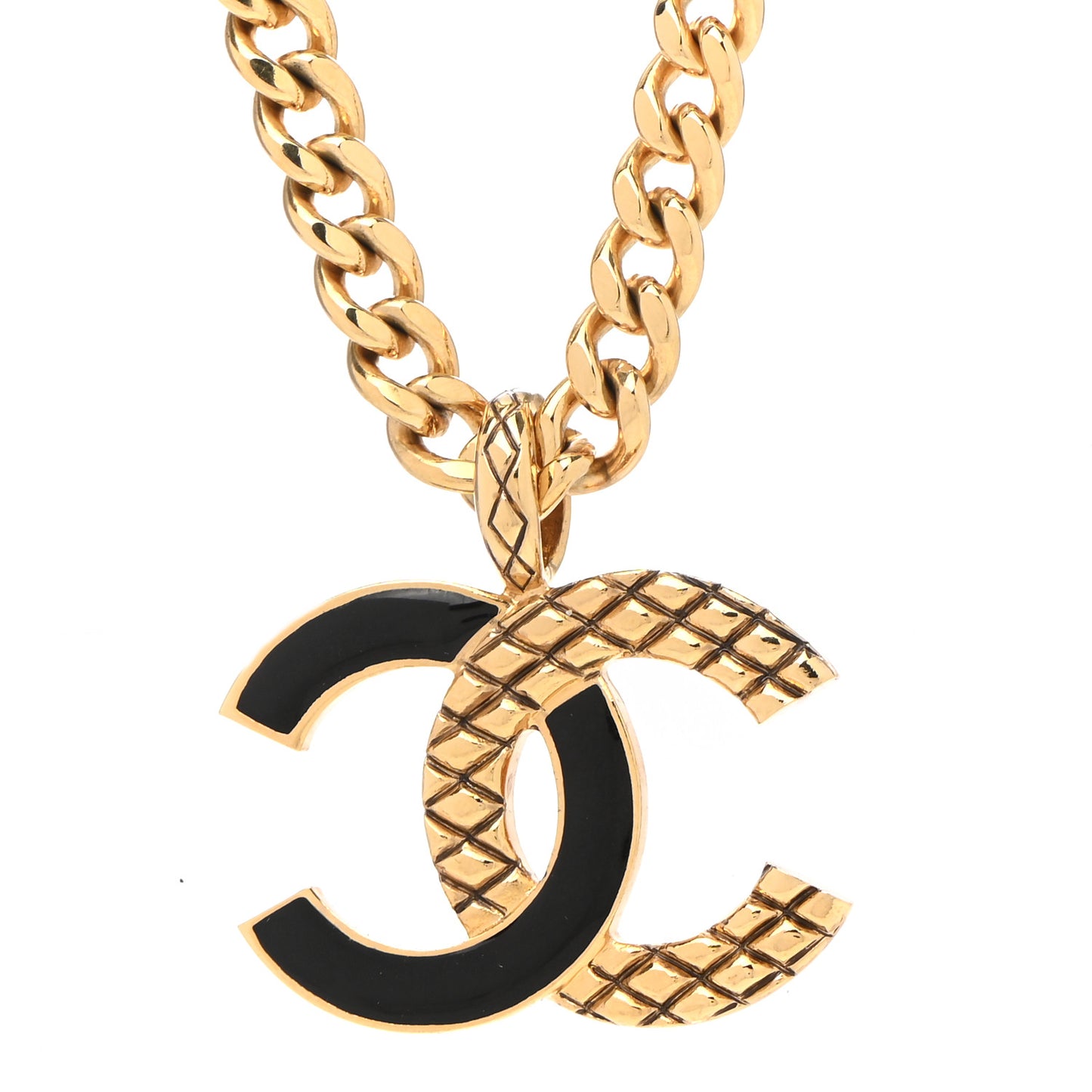 Metal Enamel Quilted CC Chain Necklace Pendant Gold Black