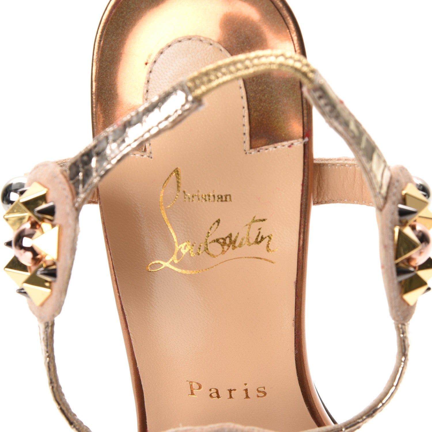 Christian Louboutin Studded Lame Metallic Patent Kaleitop 85 T-Strap Sandals 38.5 Doudou 7 of 8