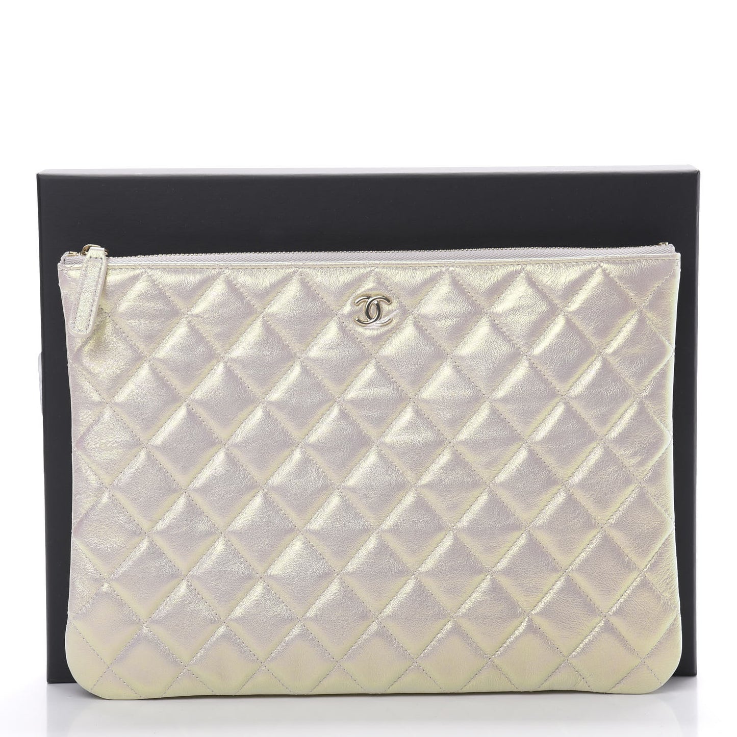 Iridescent Lambskin Quilted Medium Cosmetic Case Ivory