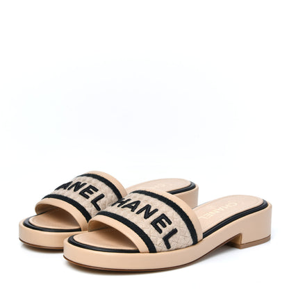 Chanel Lambskin Embroidered Logo Mules 36.5 Beige Black 3 of 9
