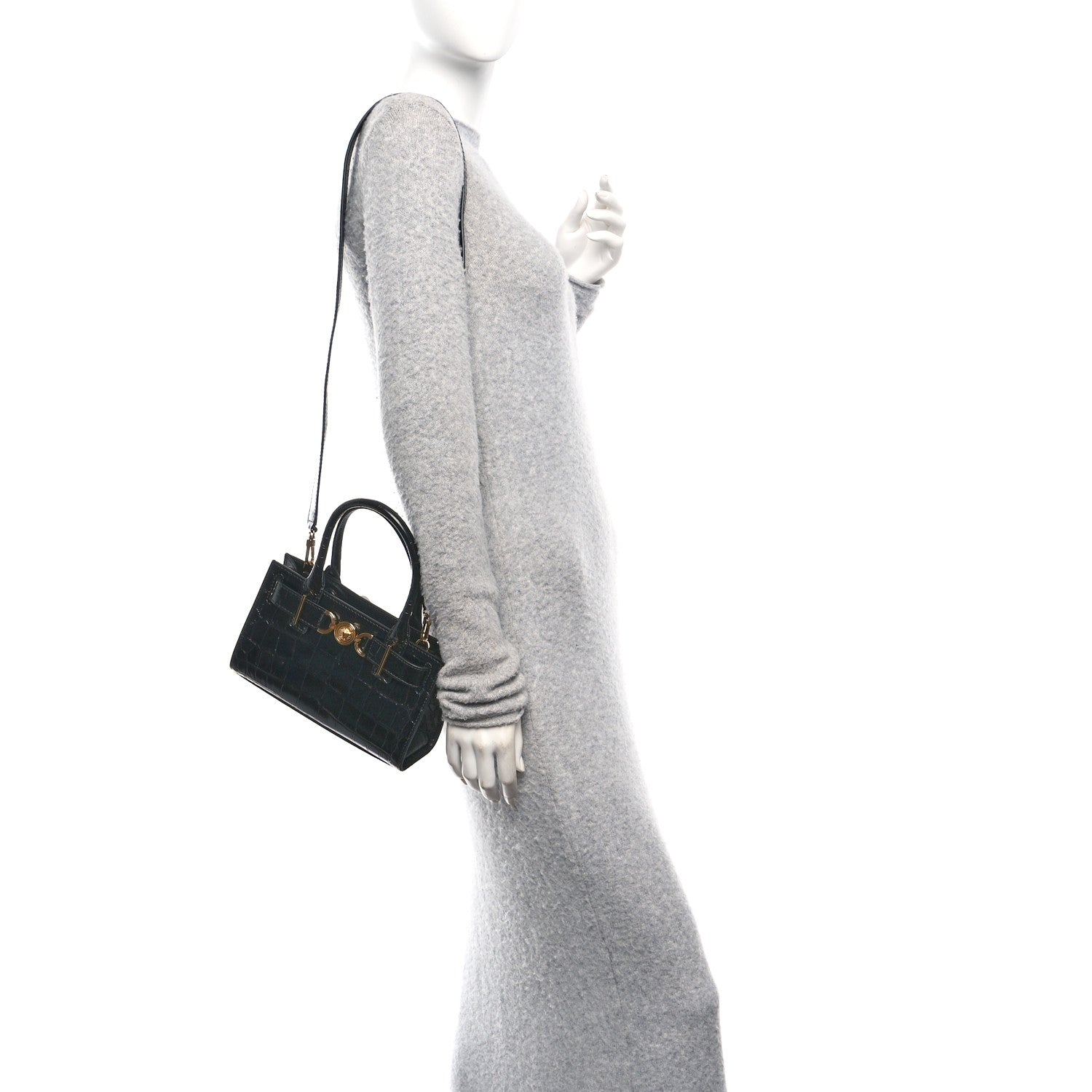 Versace Calfskin Crocodile Embossed Small Medusa '95 Tote Black