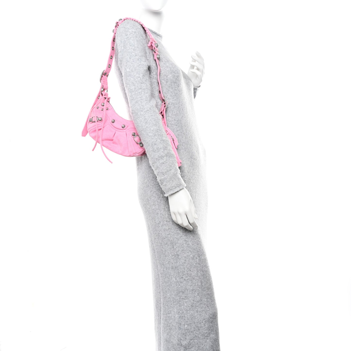 Washed Frayed Denim Crystal Le Cagole Shoulder Bag XS Denim Pink