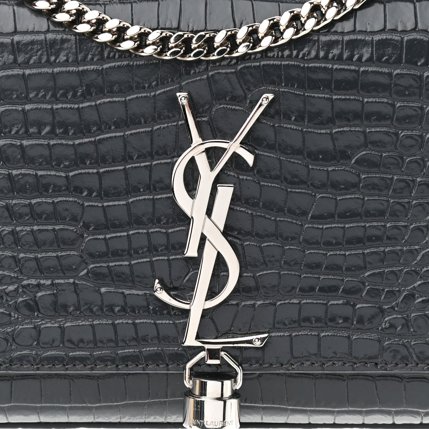 Calfskin Crocodile Embossed Small Classic Monogram Kate Tassel Satchel Smog