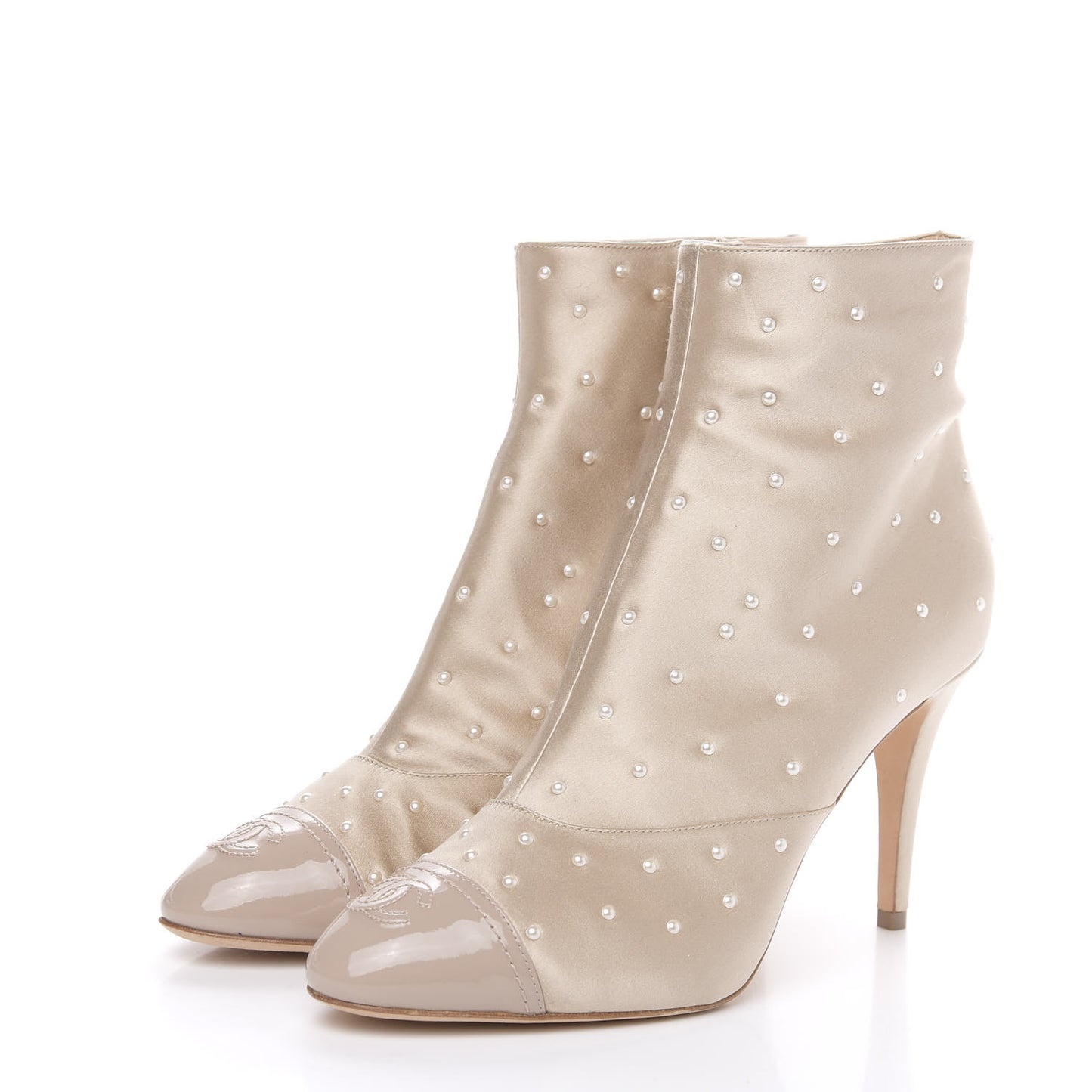 Satin Pearls Cap Toe Short Boots 40 Light Gold