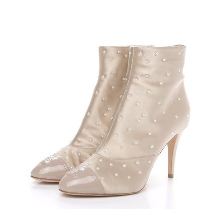 Chanel Satin Pearls Cap Toe Short Boots 40 Light Gold 3 of 9