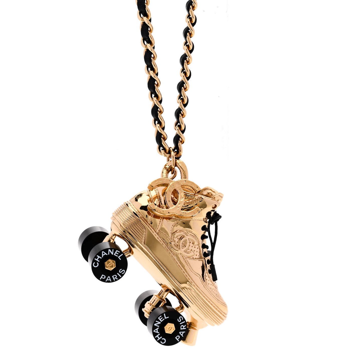 Metal Lambskin CC Rollerskate Necklace Gold Black