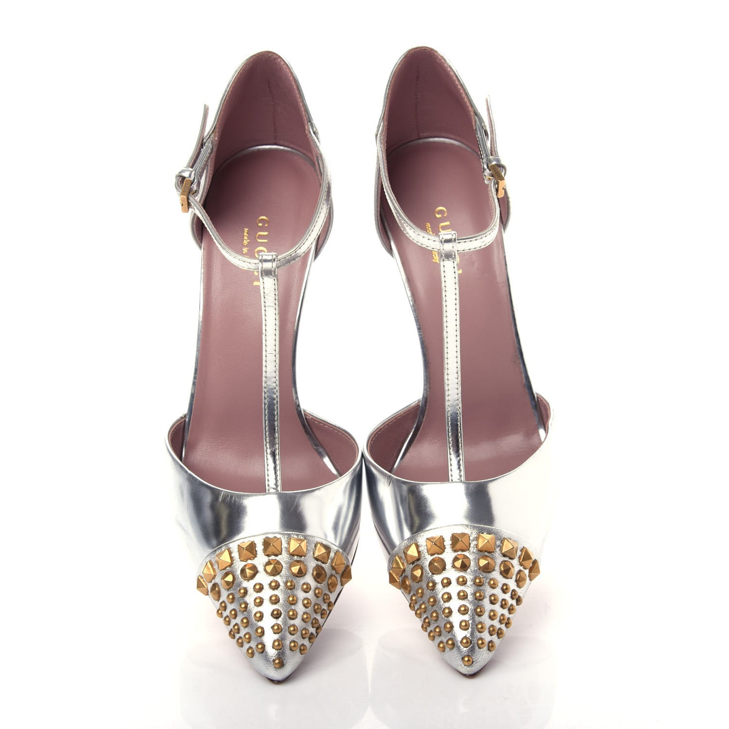 Metallic Calfskin Studded Cap Toe T Strap Pumps 35.5 Argento