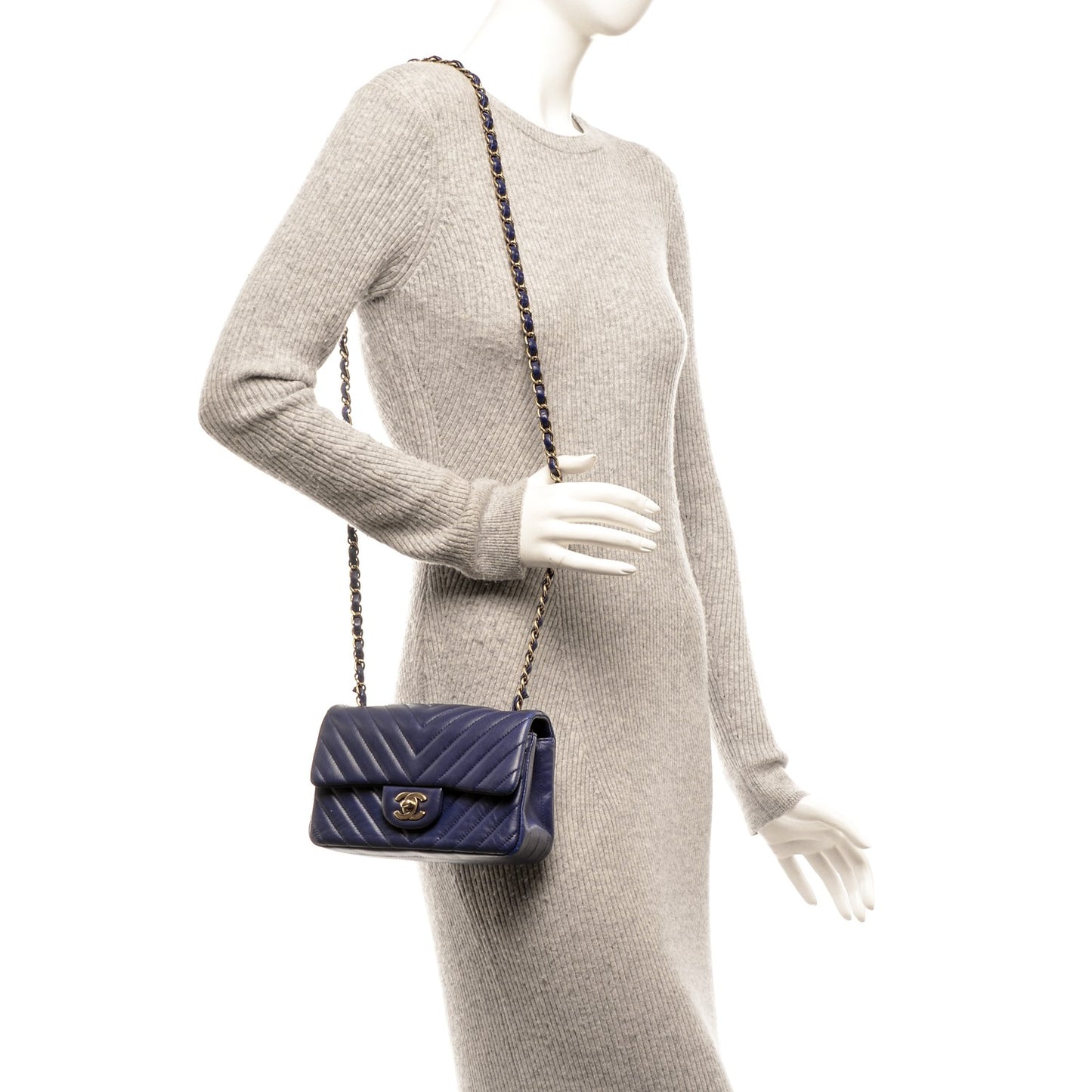 Lambskin Chevron Quilted Mini Rectangular Flap Dark Blue
