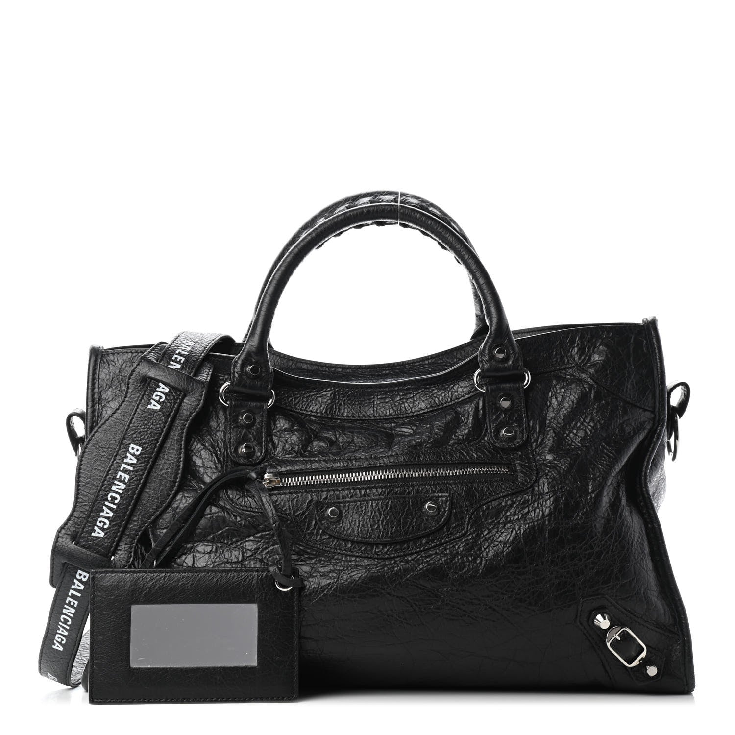 Balenciaga Agneau Classic Silver Hardware City Logo Strap Black White 1 of 6