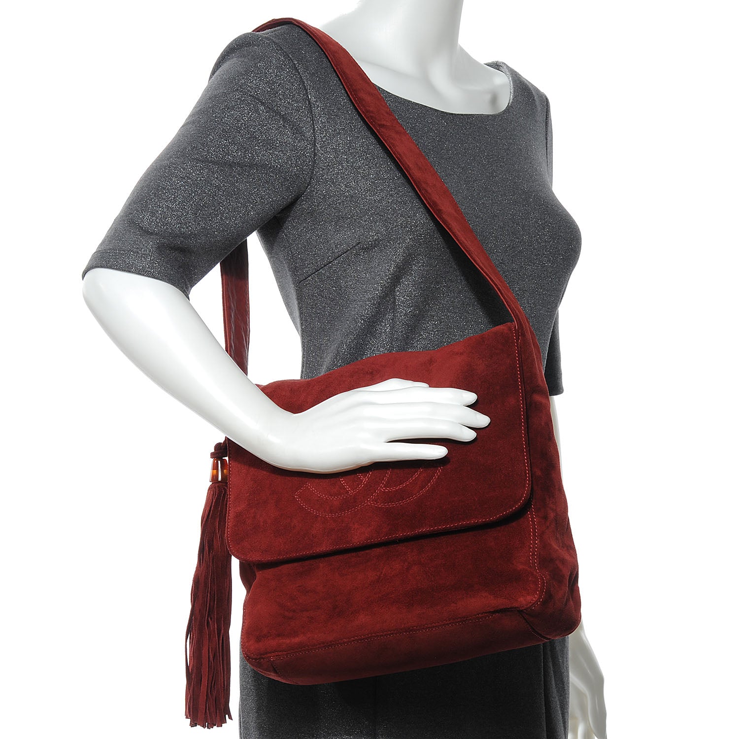 Chanel Suede Tassel CC Shoulder Bag Red 2 of 7