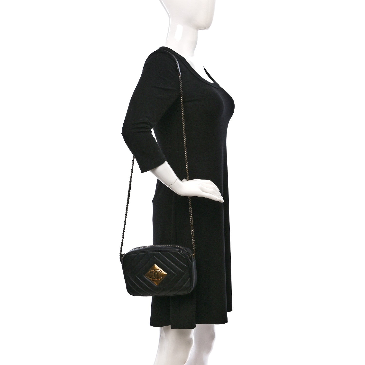 Chanel Lambskin Chevron Quilted Pyramid CC Camera Case Black 2 of 9