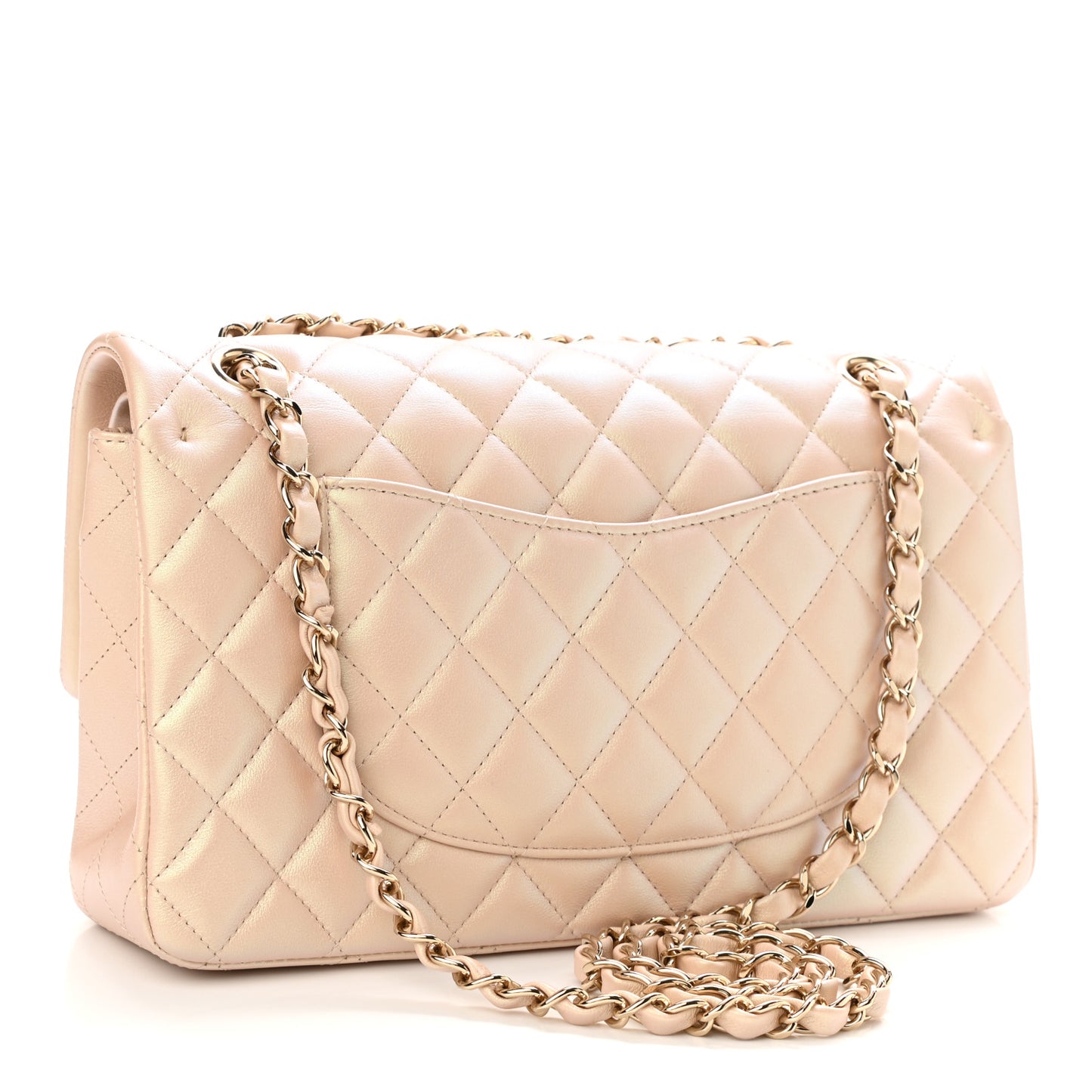 Iridescent Calfskin Quilted Medium Double Flap Beige