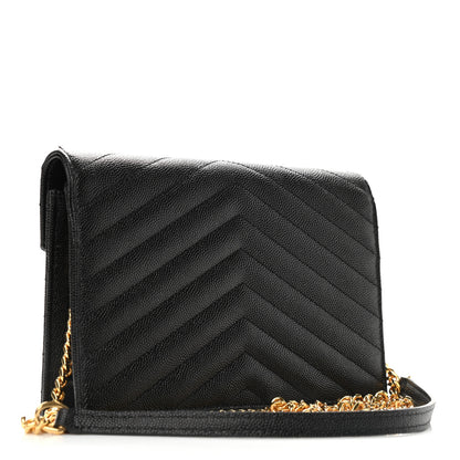 Saint Laurent Grain De Poudre Matelasse Chevron Monogram Envelope Chain Wallet Black 3 of 9