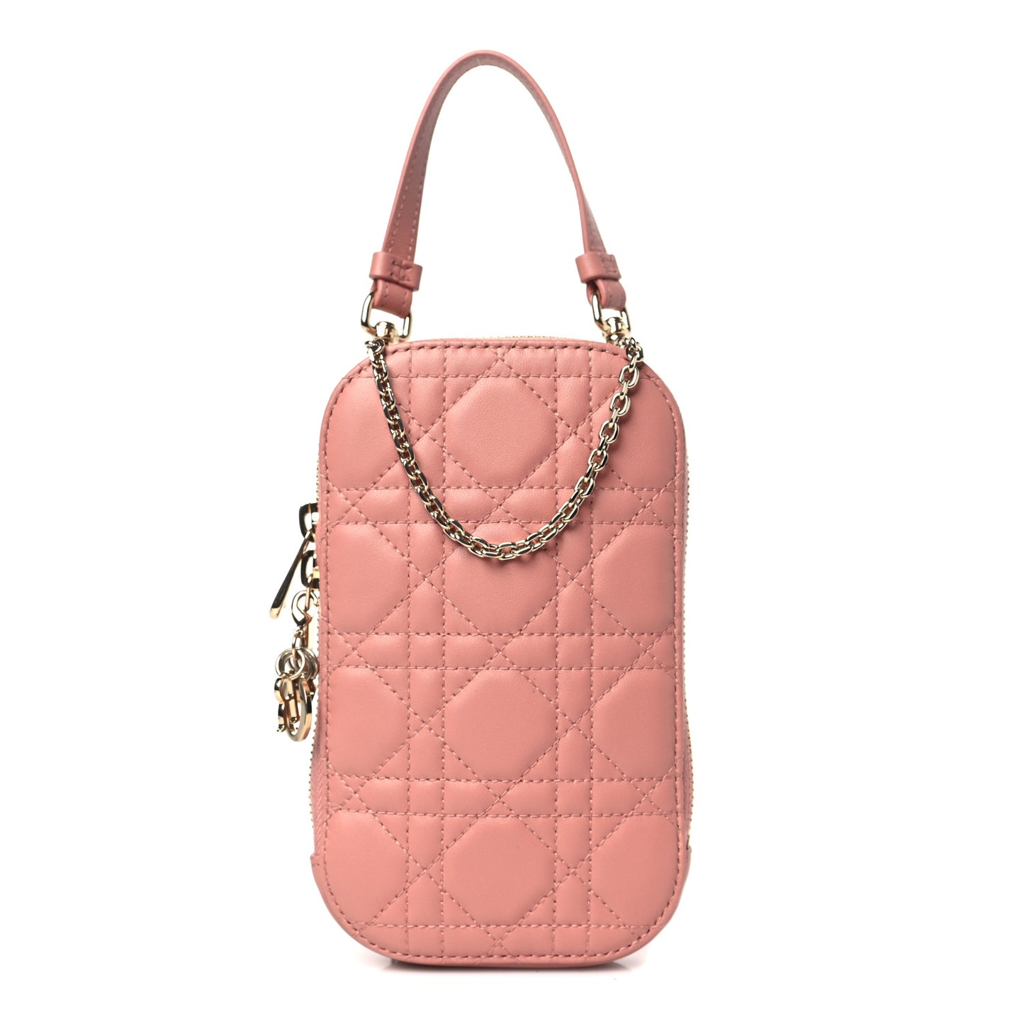 Lambskin Cannage Lady Dior Phone Holder Deep Nude