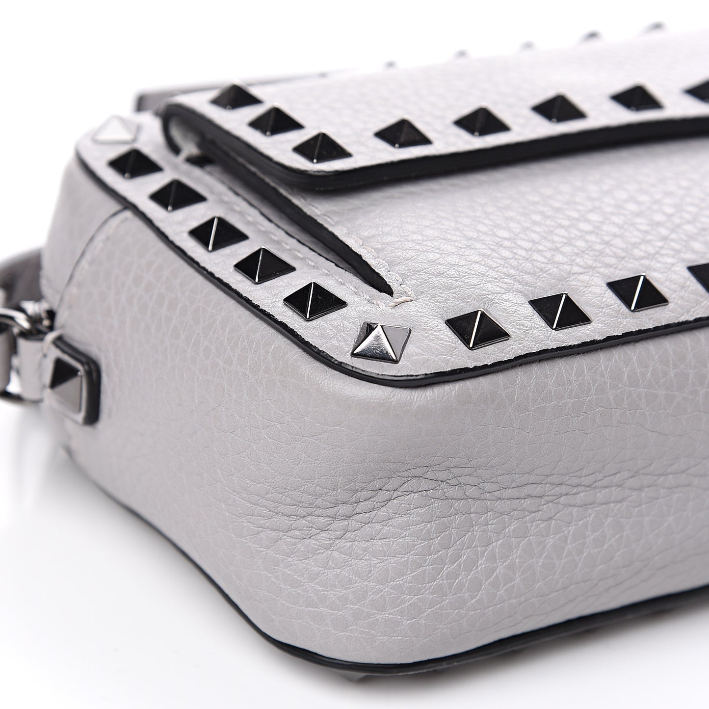 Grained Calfskin Small Rockstud Flap Pocket Camera Crossbody Bag Pastel Grey