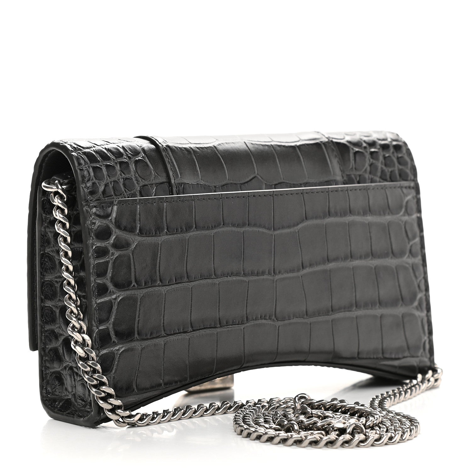 Balenciaga Shiny Calfskin Crocodile Embossed Hourglass Chain Bag Black 3 of 9