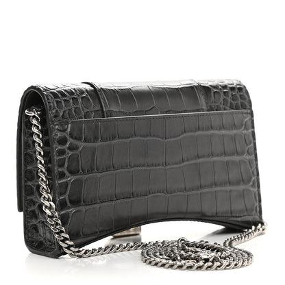 Balenciaga Shiny Calfskin Crocodile Embossed Hourglass Chain Bag Black 3 of 9