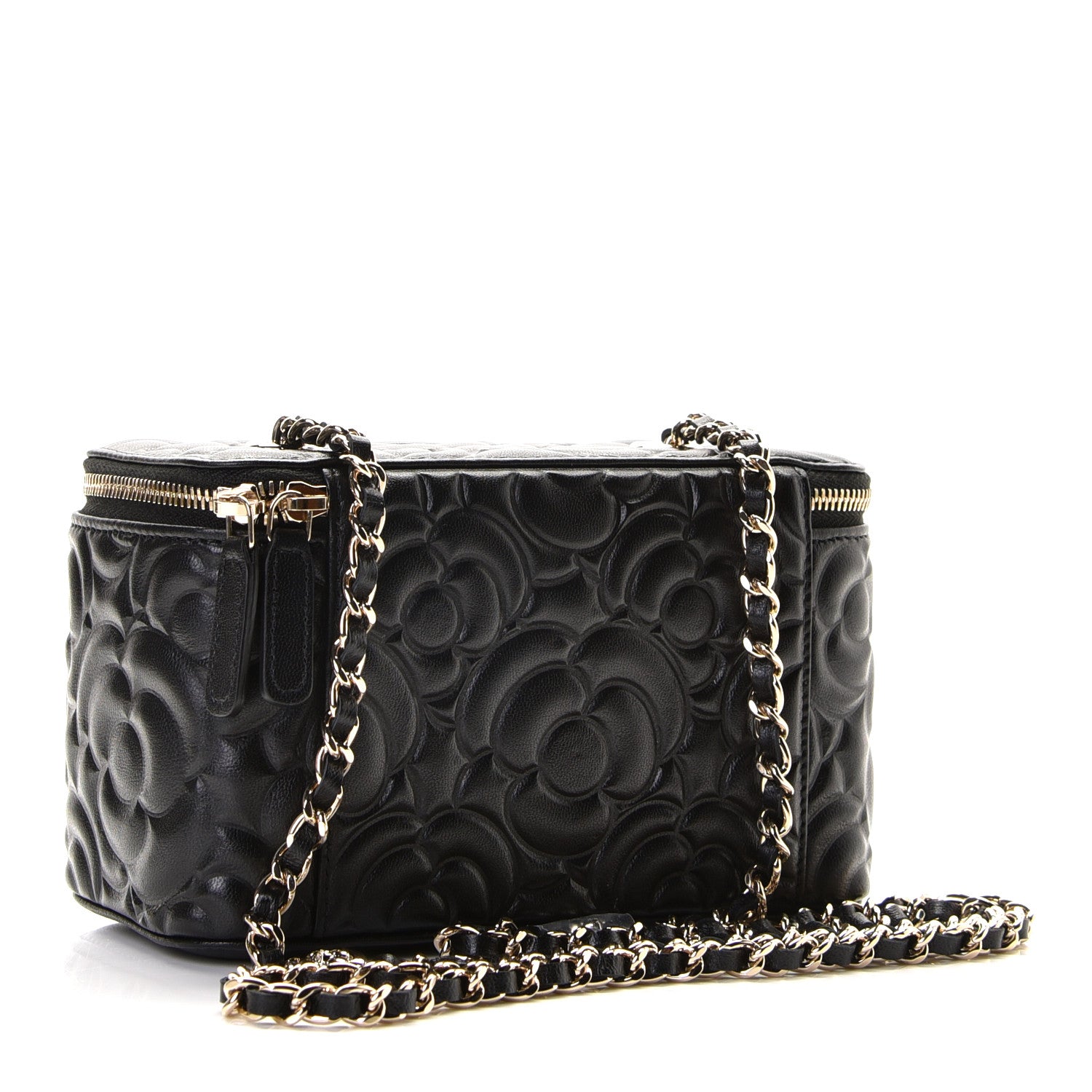 Chanel Lambskin Camellia Embossed Small Vanity Case With Chain Black 3 of 8
