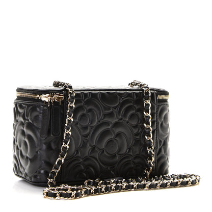 Chanel Lambskin Camellia Embossed Small Vanity Case With Chain Black 3 of 8