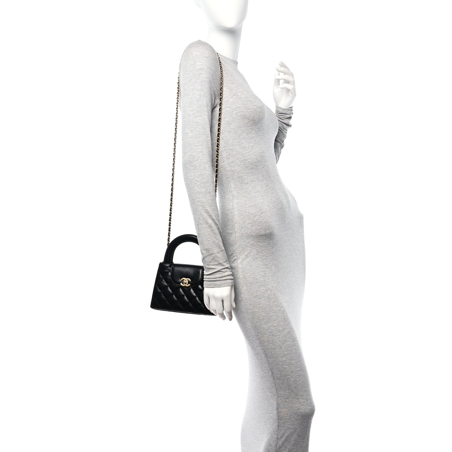 Shiny Aged Calfskin Quilted Nano Kelly Shopper Black