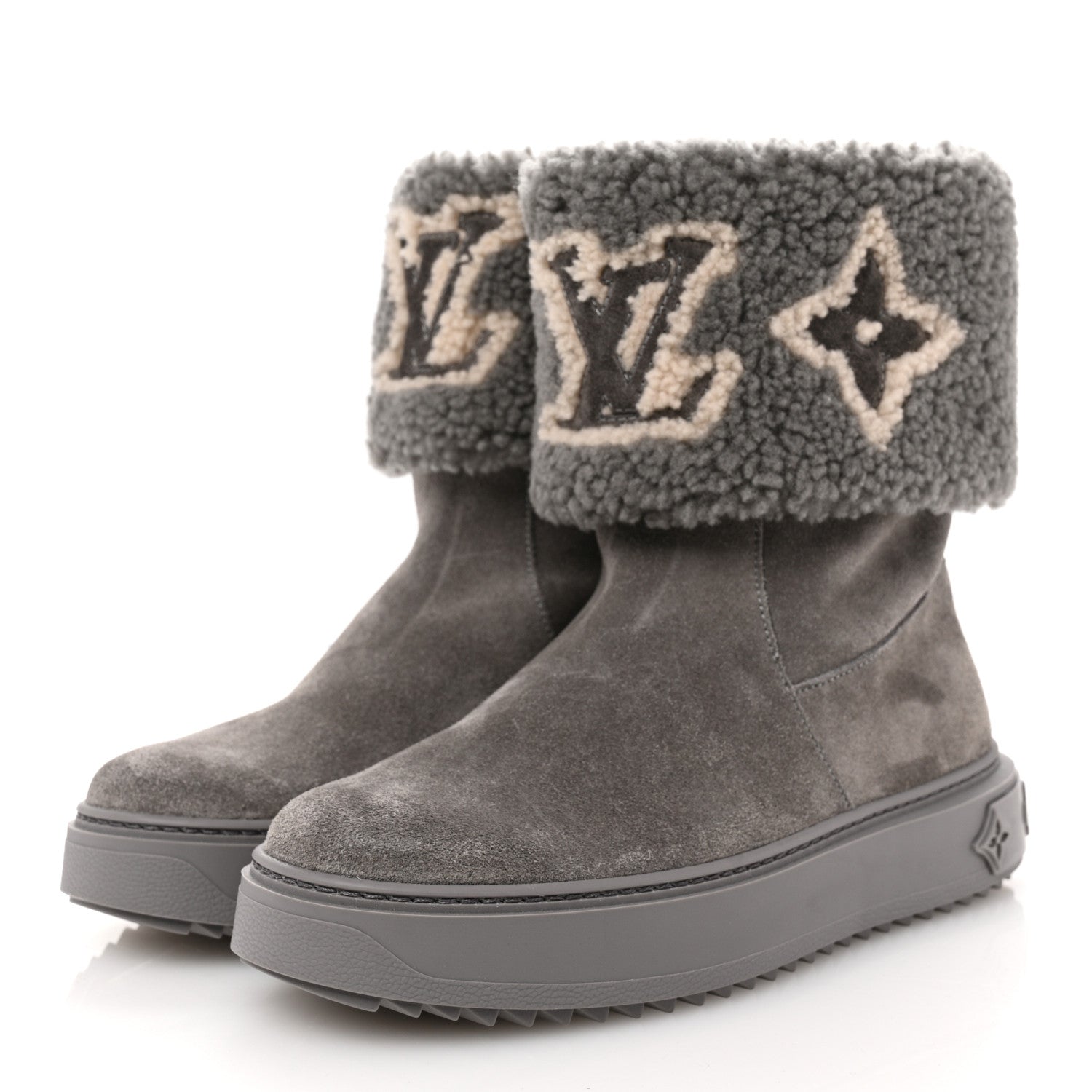 Louis Vuitton Suede Calfskin Shearling Snowdrop Flat Ankle Boot 37 Grey 4 of 10