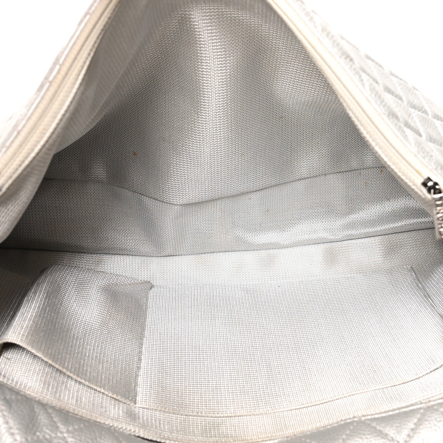 Metallic Calfskin Quilted XXL Travel Flap Bag Silver
